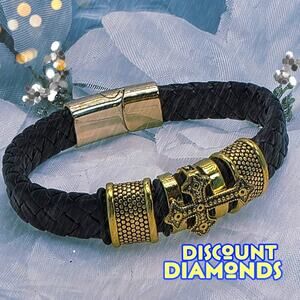 Black Braded Leather with 18K Yellow Gold Plated Black Titanium 